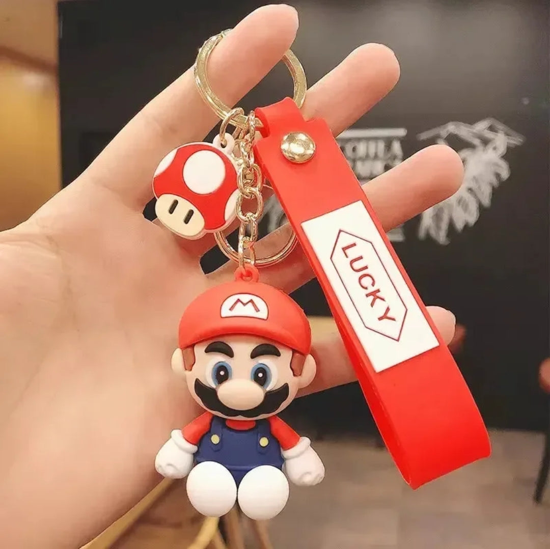Super Mario 3D Keychain with Lucky Silicone Strap & Mushroom Charm