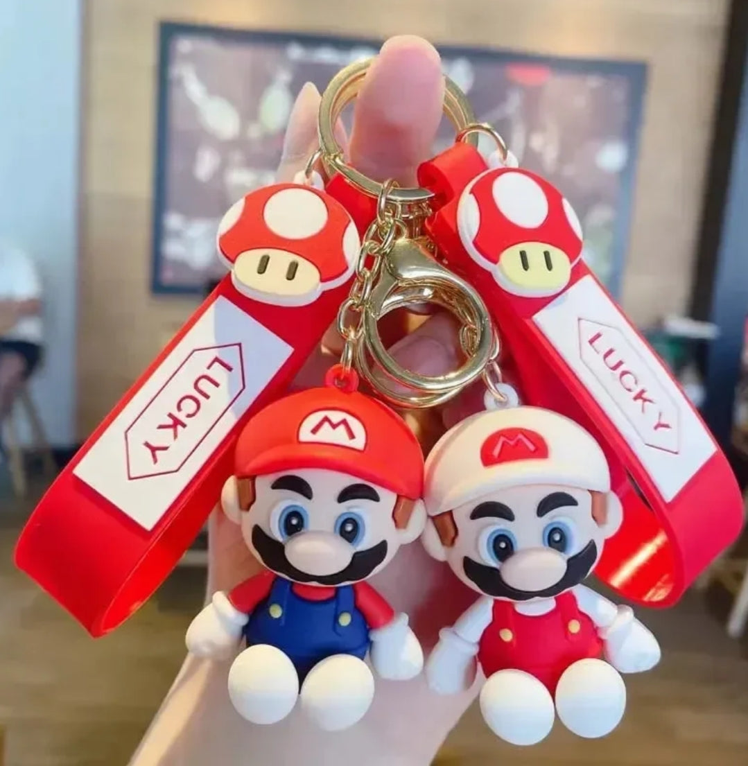 Super Mario 3D Keychain with Lucky Silicone Strap & Mushroom Charm