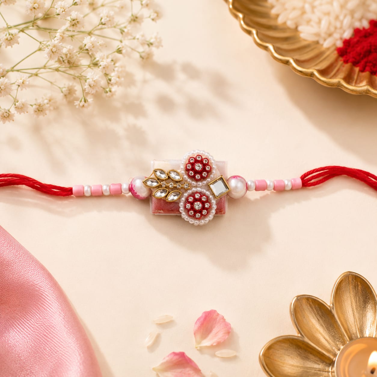 Red Pearl Gota Patti Double Disc Rakhi