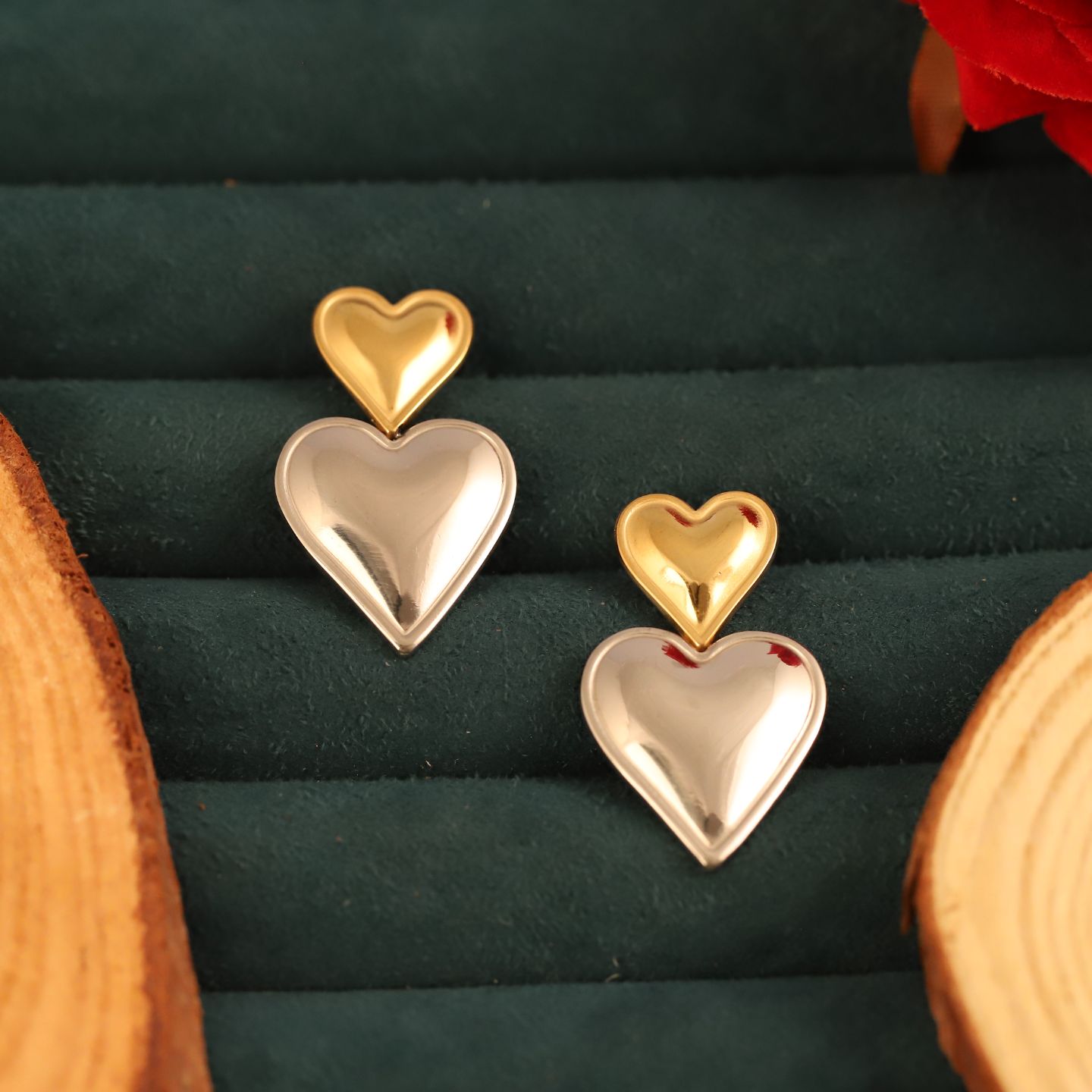 Anti tarnish Double Heart Drop Earrings