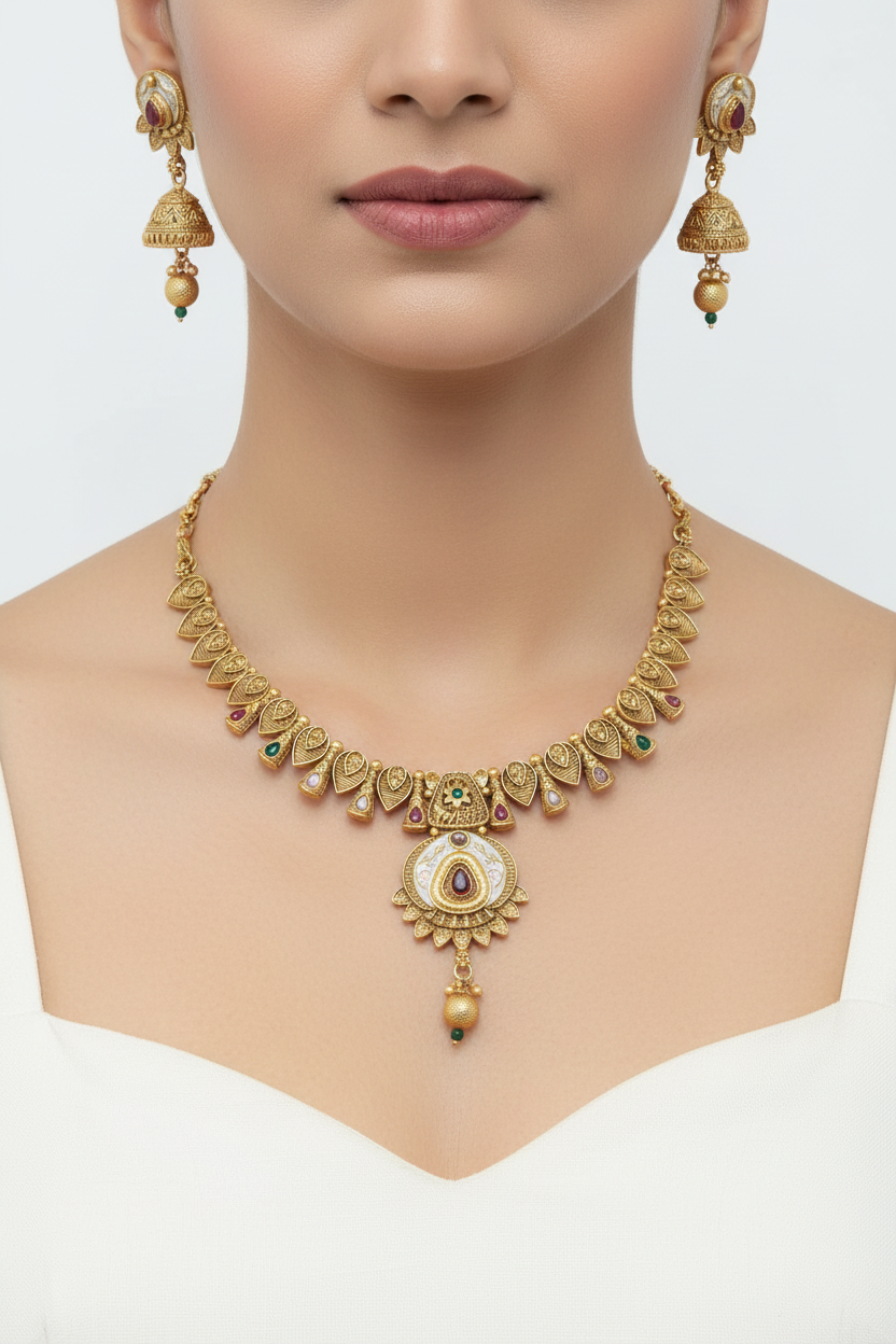 Carved Panel Meenakari Necklace Set