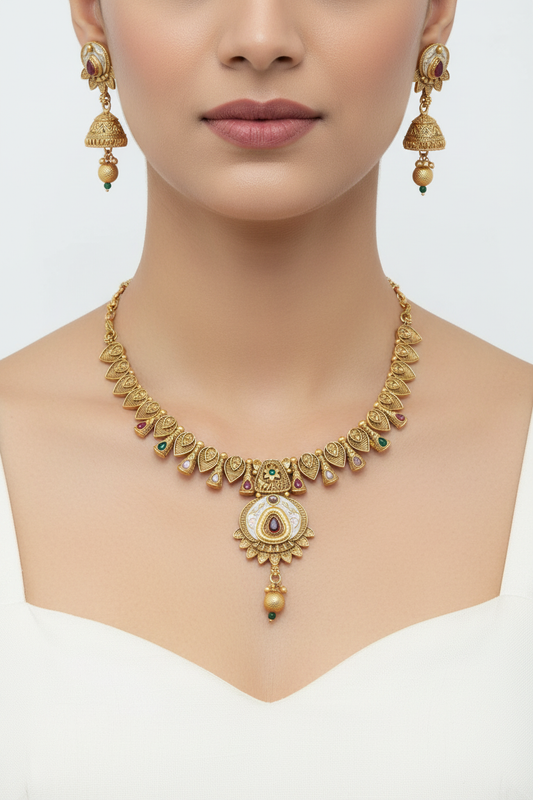Carved Panel Meenakari Necklace Set