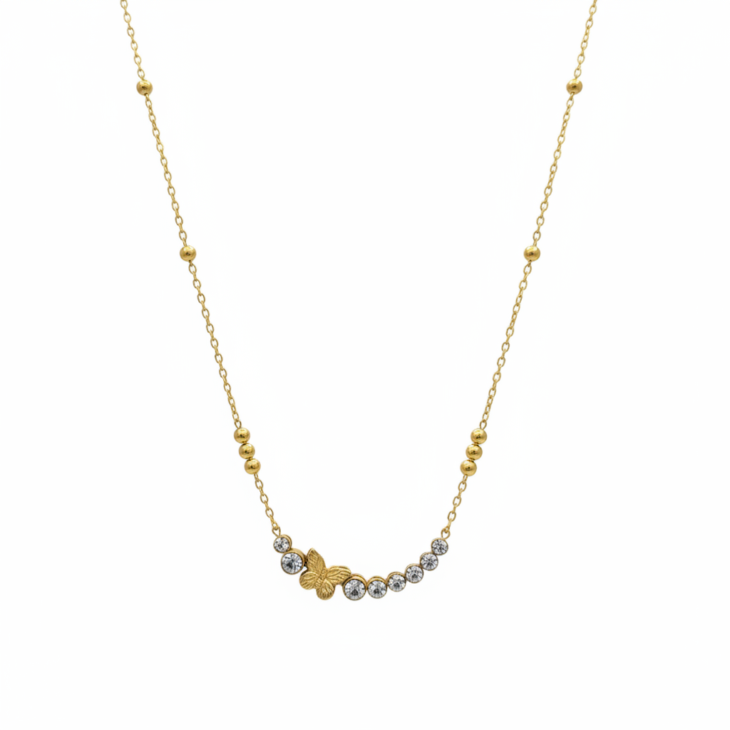 Anti Tarnish Gold Ball Chain Butterfly Crystal Drop Necklace