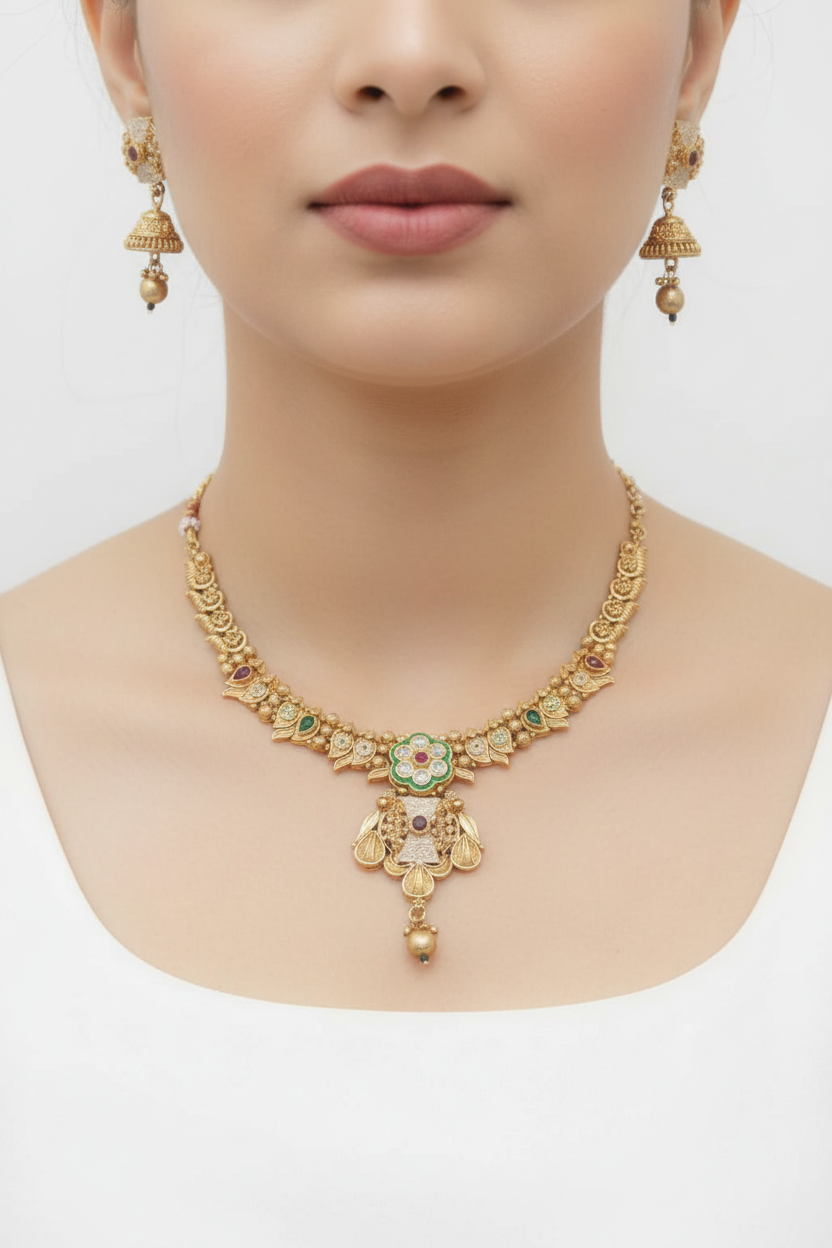 Green Stone Floral Necklace Set