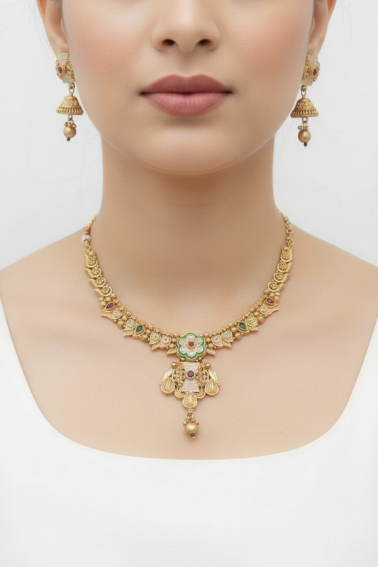 Green Stone Floral Necklace Set