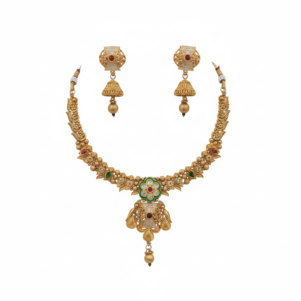 Green Stone Floral Necklace Set
