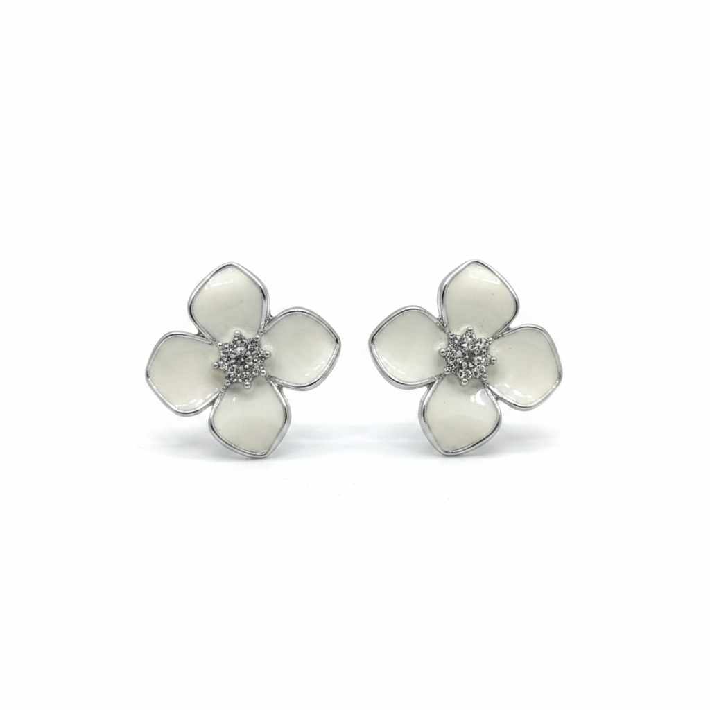 White Enamel Flower Stud Earrings