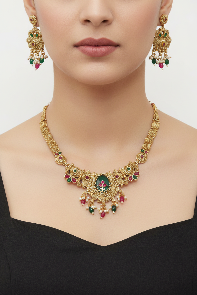 Antique Gold Kundan Floral Necklace Set