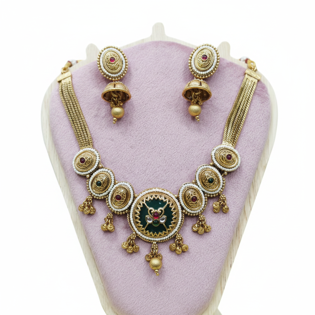 Antique Gold Pearl & Meenakari Necklace Set