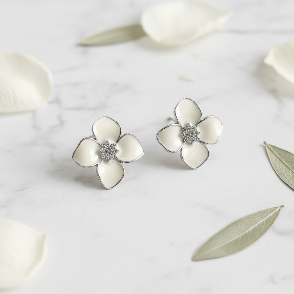 White Enamel Flower Stud Earrings