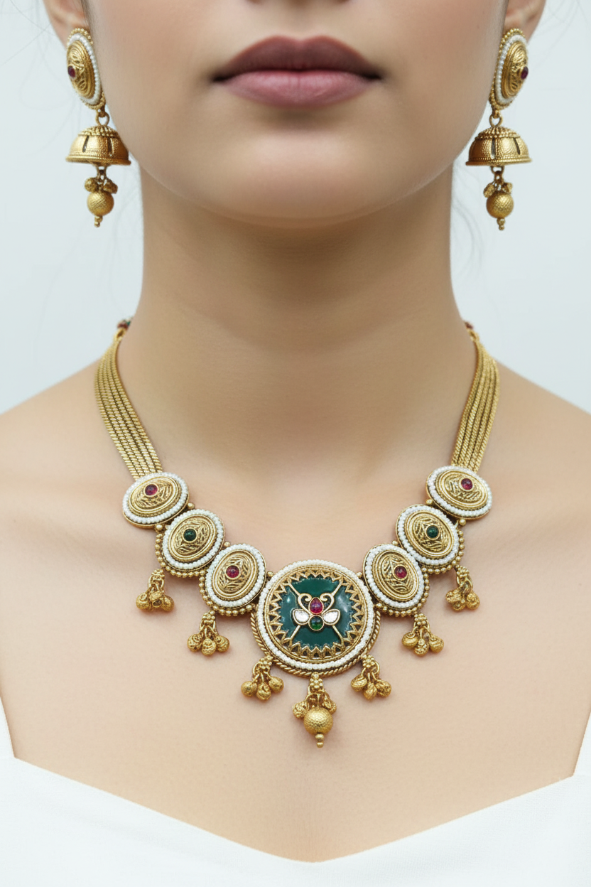 Antique Gold Pearl & Meenakari Necklace Set