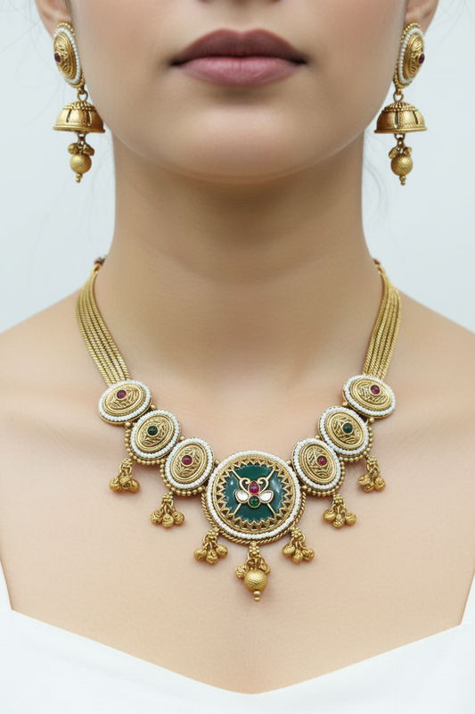 Antique Gold Pearl & Meenakari Necklace Set
