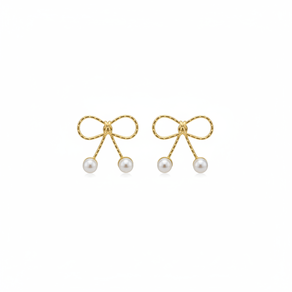 Gold Bow Pearl Drop Earrings
