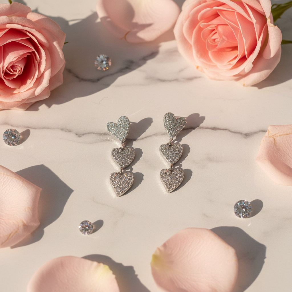 Triple Heart Diamond Drop Earrings