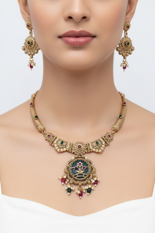 Antique Gold Leaf & Jhumka Necklace Set