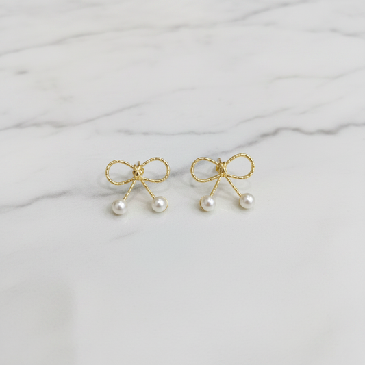 Gold Bow Pearl Drop Earrings
