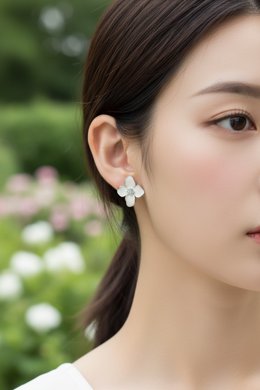 White Enamel Flower Stud Earrings