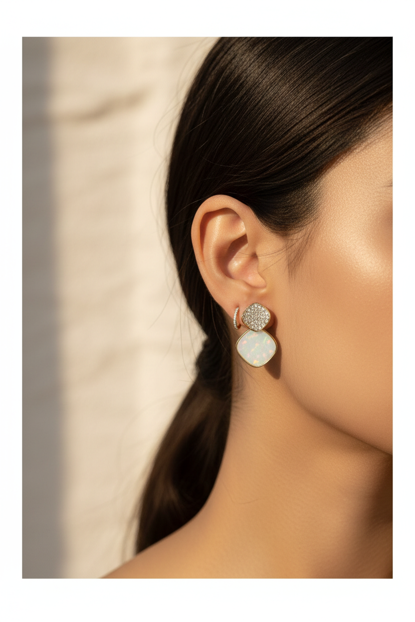 Crystal Top White Opal Drop Earrings