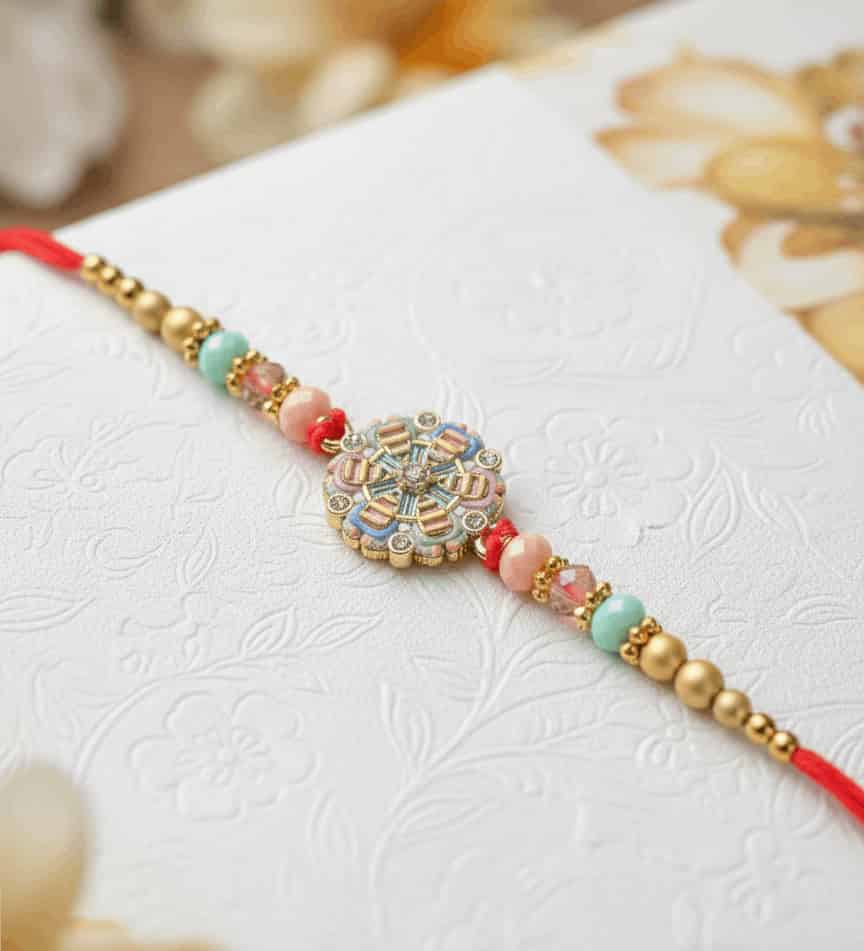 Meenakari Floral Rakhi | Multicolour Beads & Red Thread