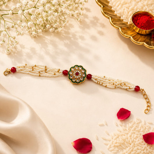 Green Meenakari Kundan Flower Bracelet Rakhi