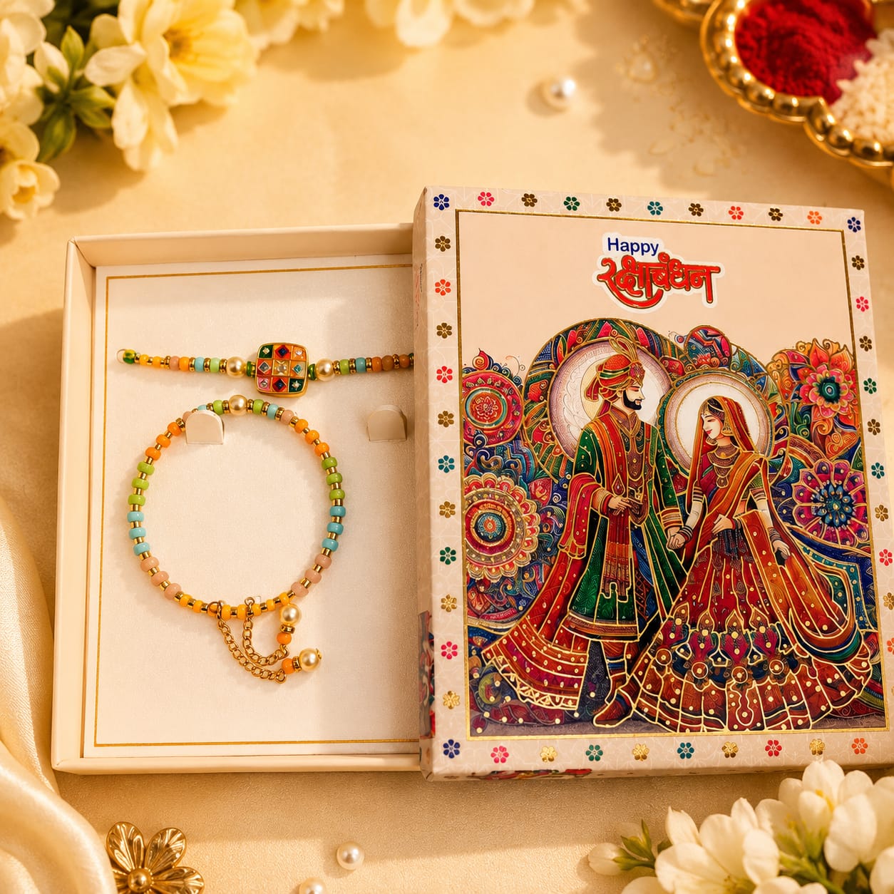 Multicolour Kundan Square Bhaiya Bhabhi Rakhi Set