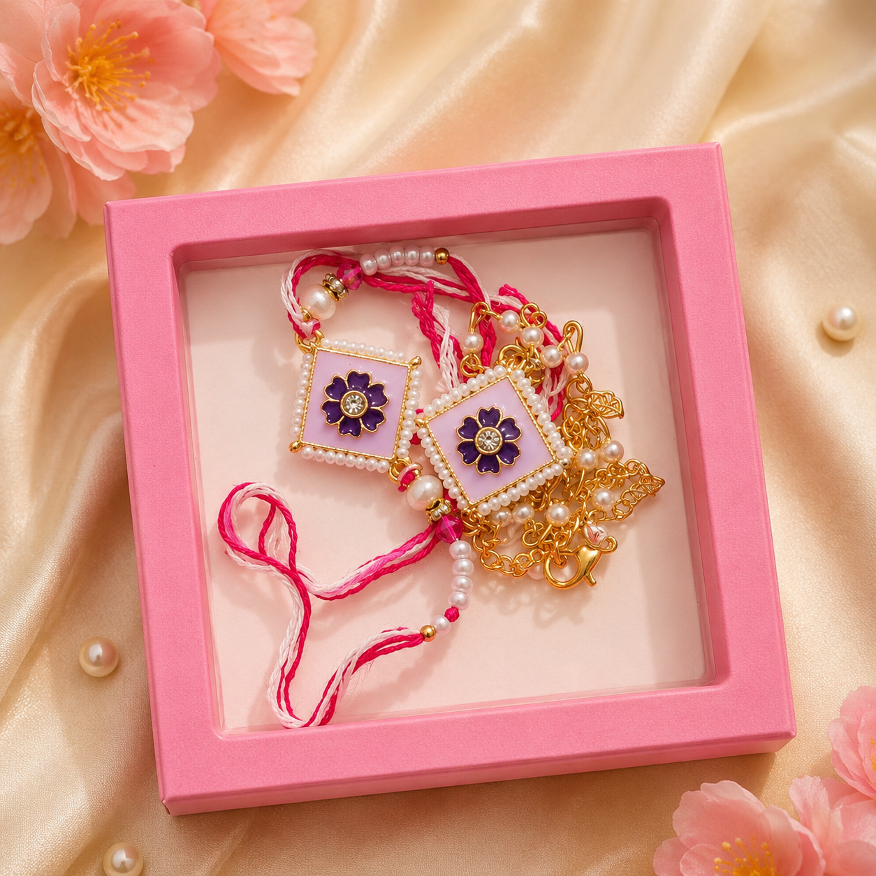 Purple Meenakari Diamond Square Pearl Bhaiya Bhabhi Rakhi Set