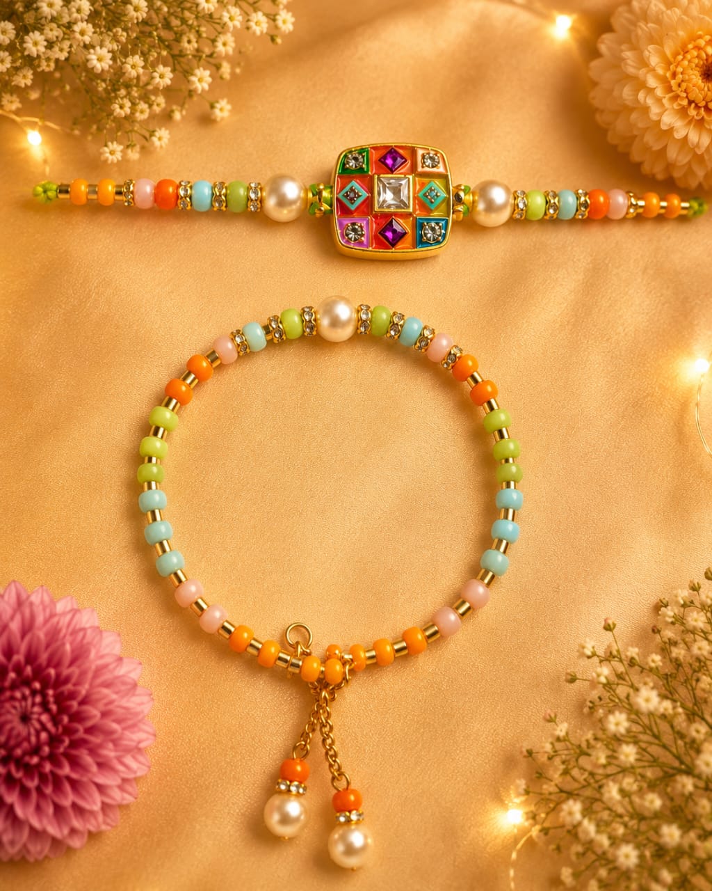 Multicolour Kundan Square Bhaiya Bhabhi Rakhi Set