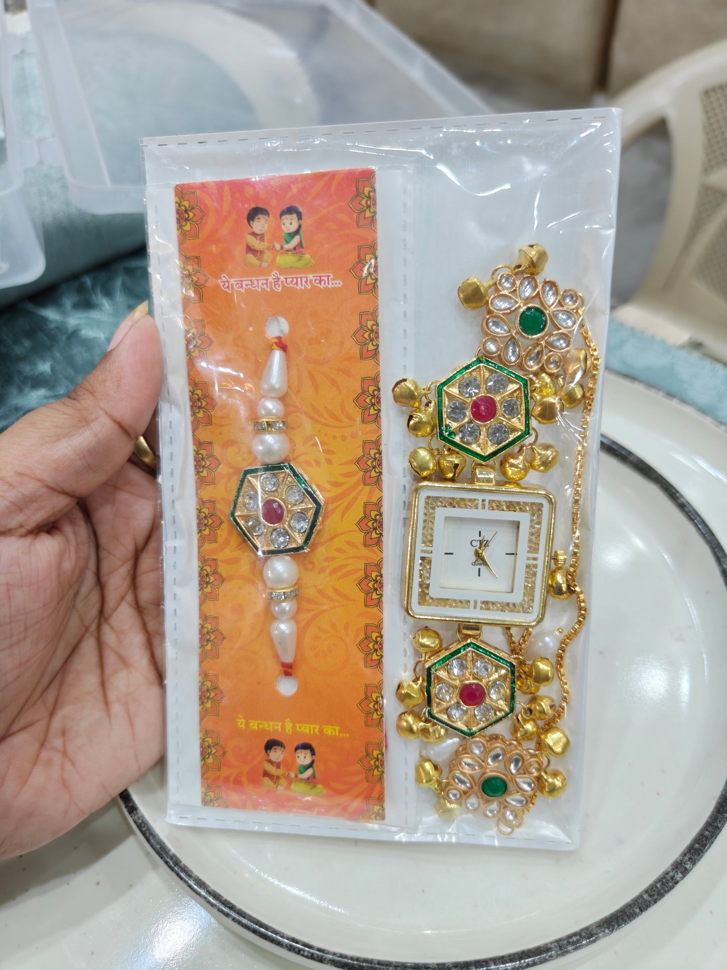 Kundan Rakhi with Watch Bracelet Combo | Design 1