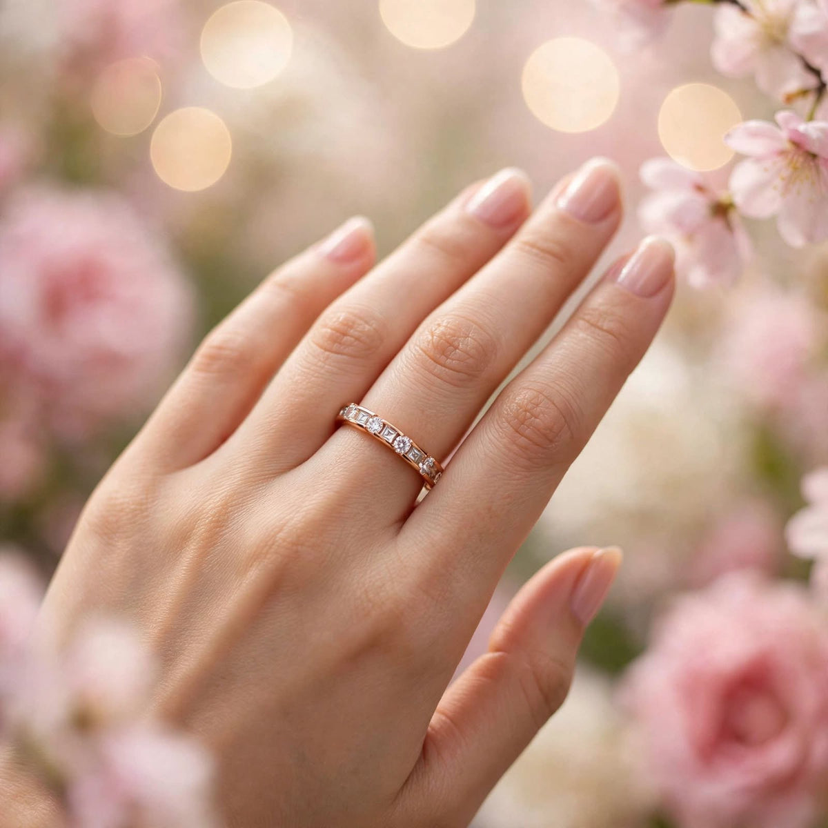 Rose Gold Baguette & Round Diamond Band Ring