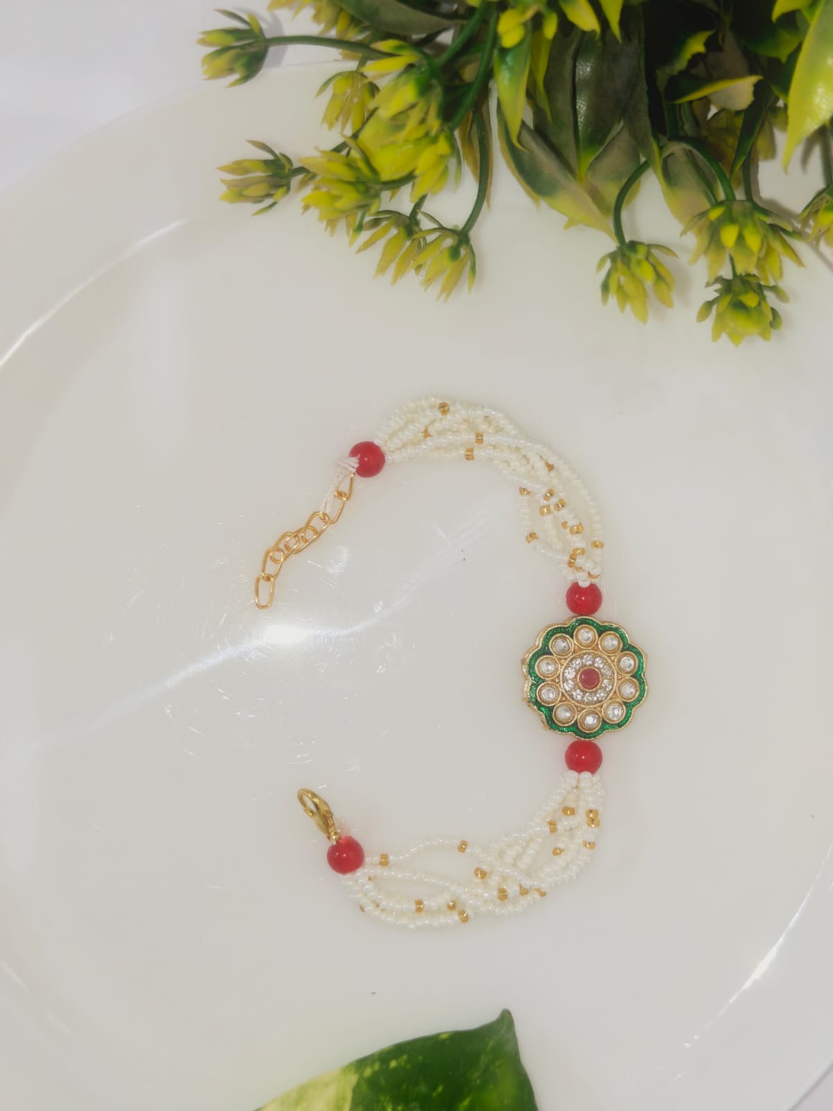 Green Meenakari Kundan Flower Bracelet Rakhi