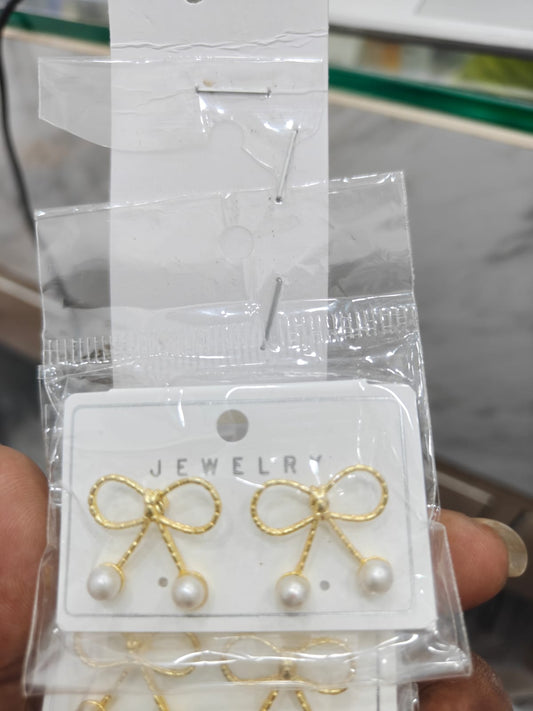 Gold Bow Pearl Drop Earrings