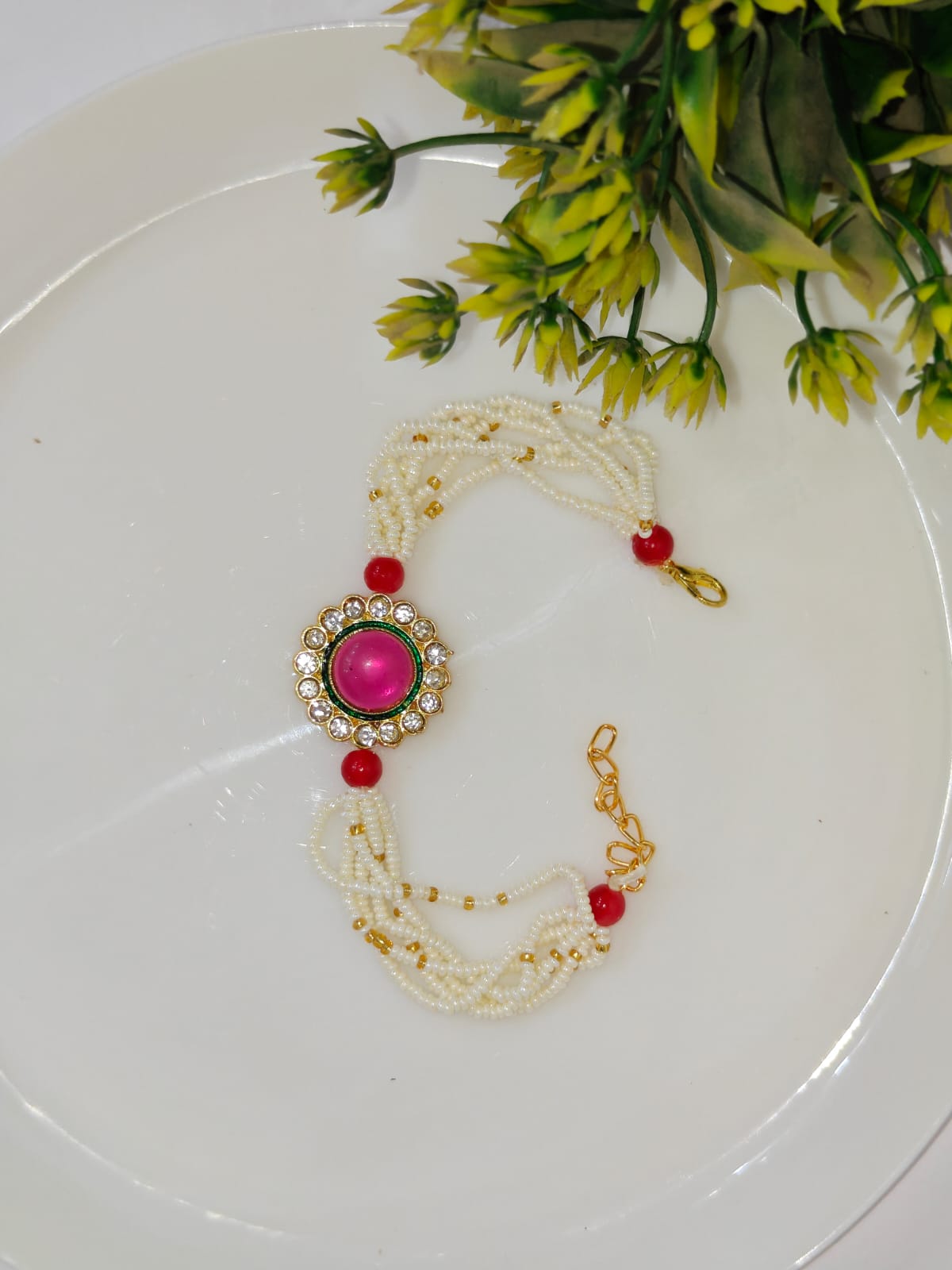 Pink Kundan Round Bracelet Rakhi