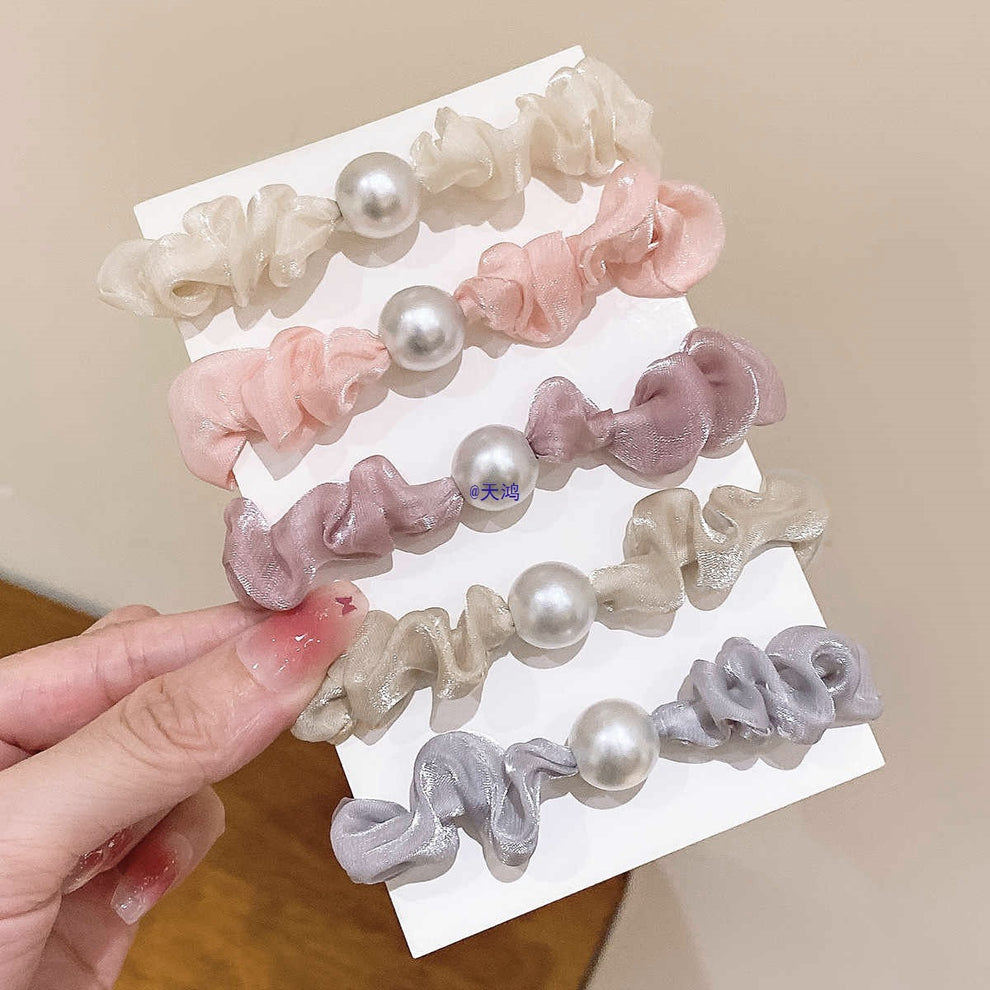 Organza Pearl Scrunchie Set (Pack of 5)