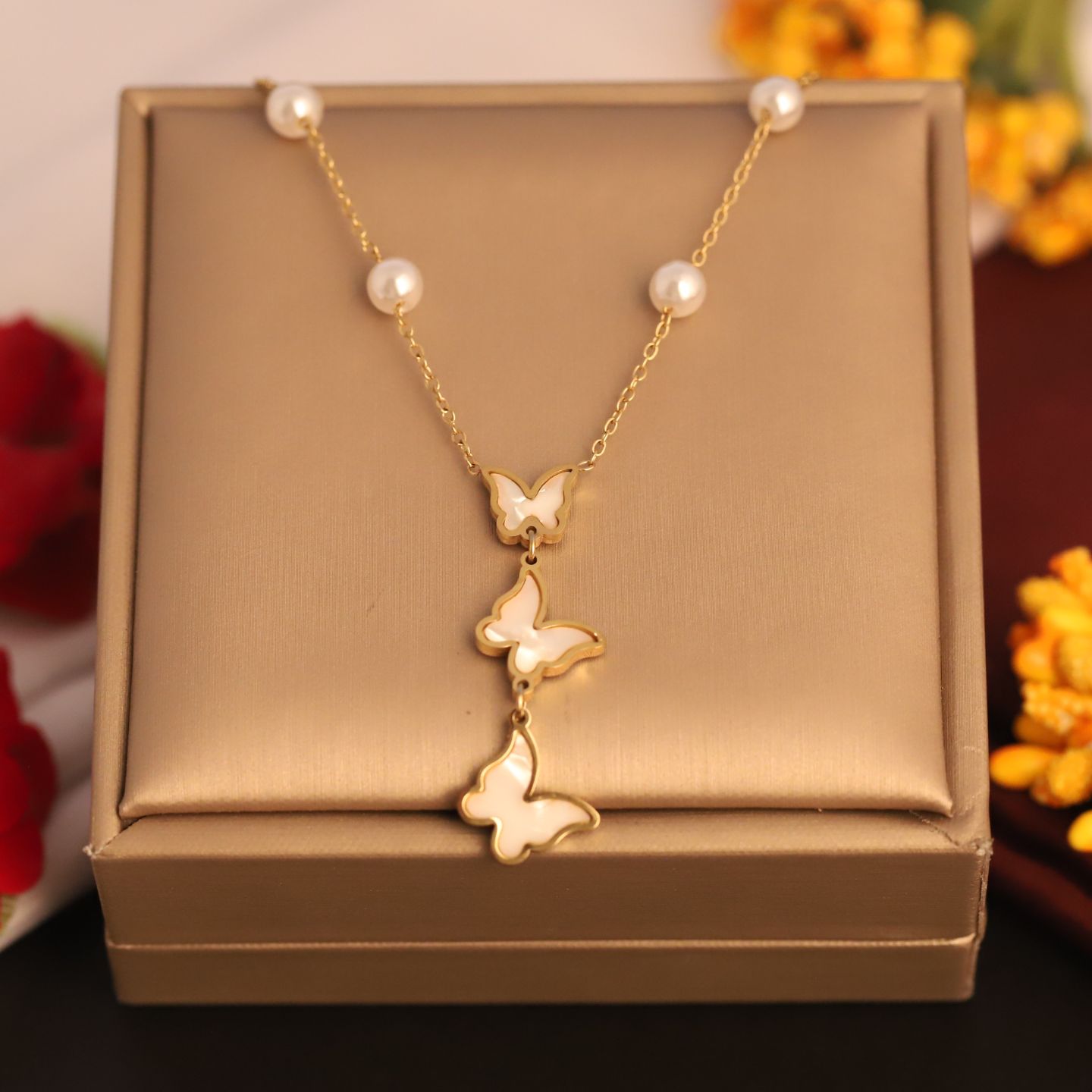 Anti Tarnish Triple Butterfly Shell Pendant Necklace