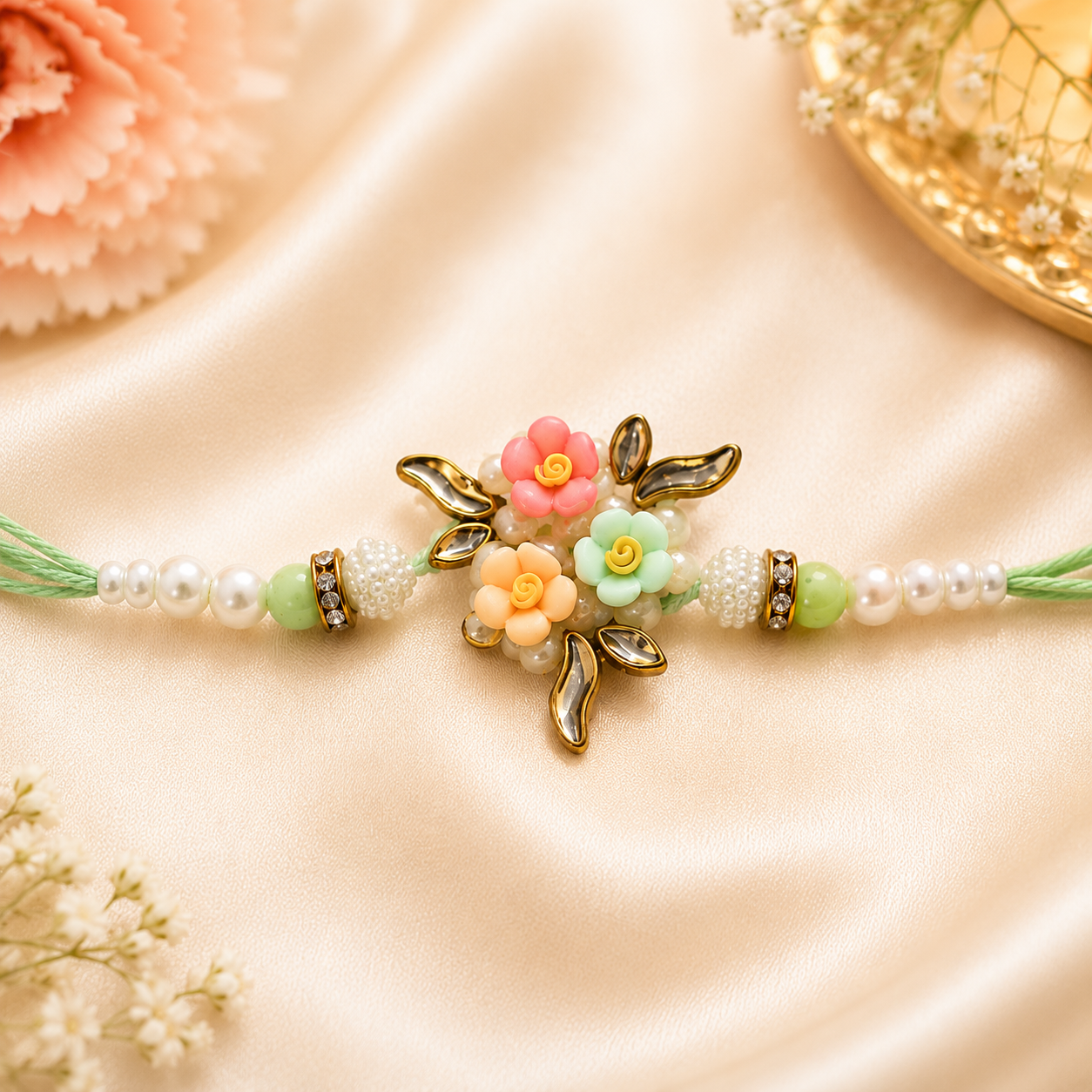 3D Floral Bouquet Pearl Rakhi - Mint Green