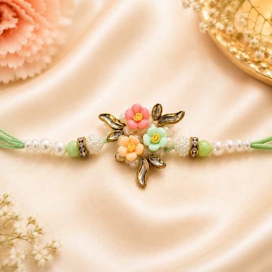 3D Floral Bouquet Pearl Rakhi - Mint Green