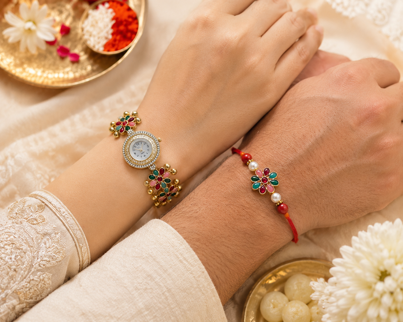 Multicolour Navratna Floral Round Watch Bhaiya Bhabhi Rakhi Set