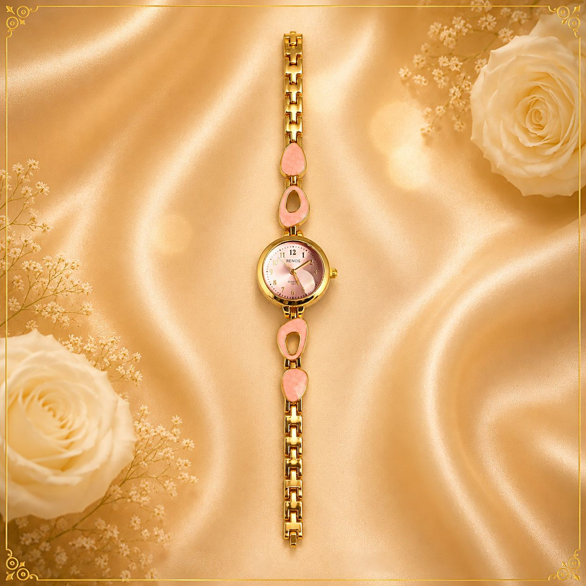 Pink Enamel Gold Bracelet Watch