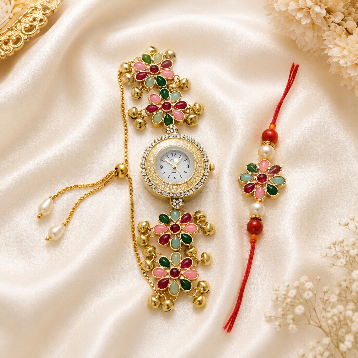 Multicolour Navratna Floral Round Watch Bhaiya Bhabhi Rakhi Set