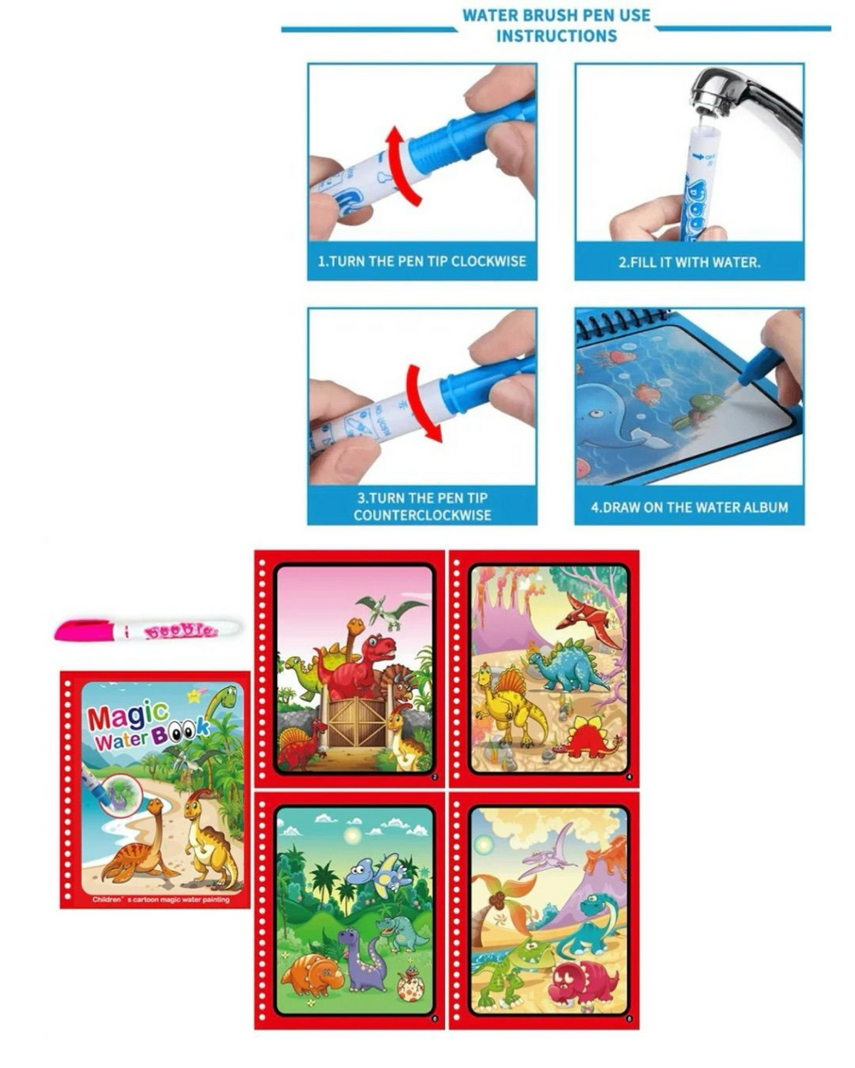 Reusable Water Coloring Book Set with pen (Pack of 4)