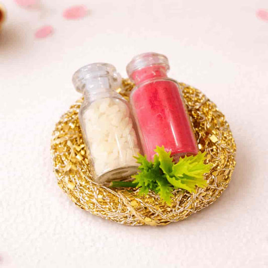 Roli Chawal Bottle Set on Gold Tray