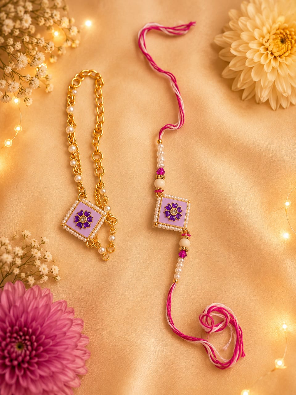 Purple Meenakari Diamond Square Pearl Bhaiya Bhabhi Rakhi Set