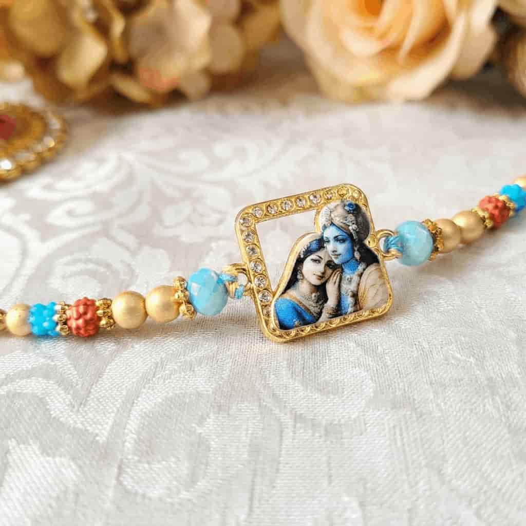 Radha Krishna Rakhi | Divine Spiritual Rakhi with Rudraksha & Beads