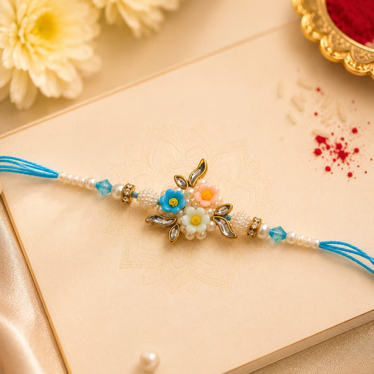 3D Floral Bouquet Pearl Rakhi - Blue