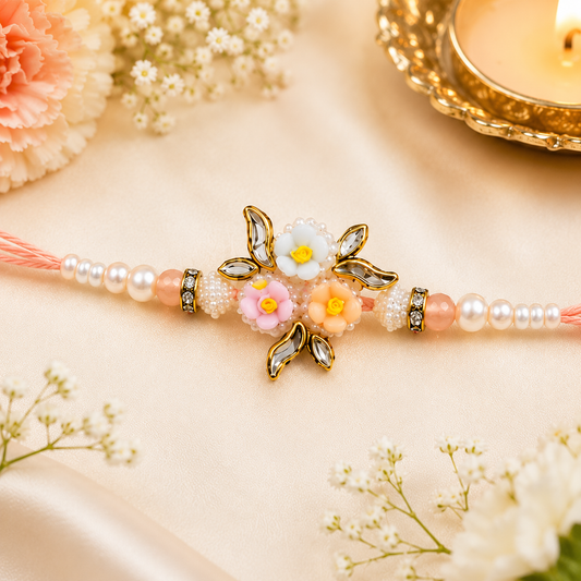 3D Floral Bouquet Pearl Rakhi - Peach Pink