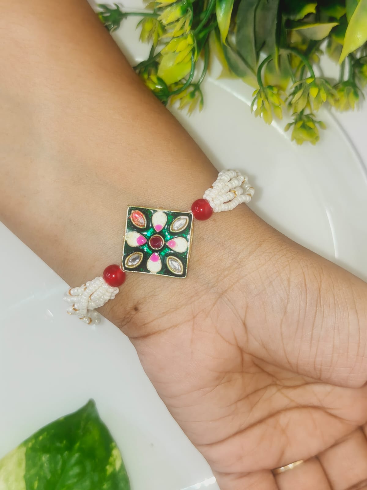 Green Meenakari Square Bracelet Rakhi