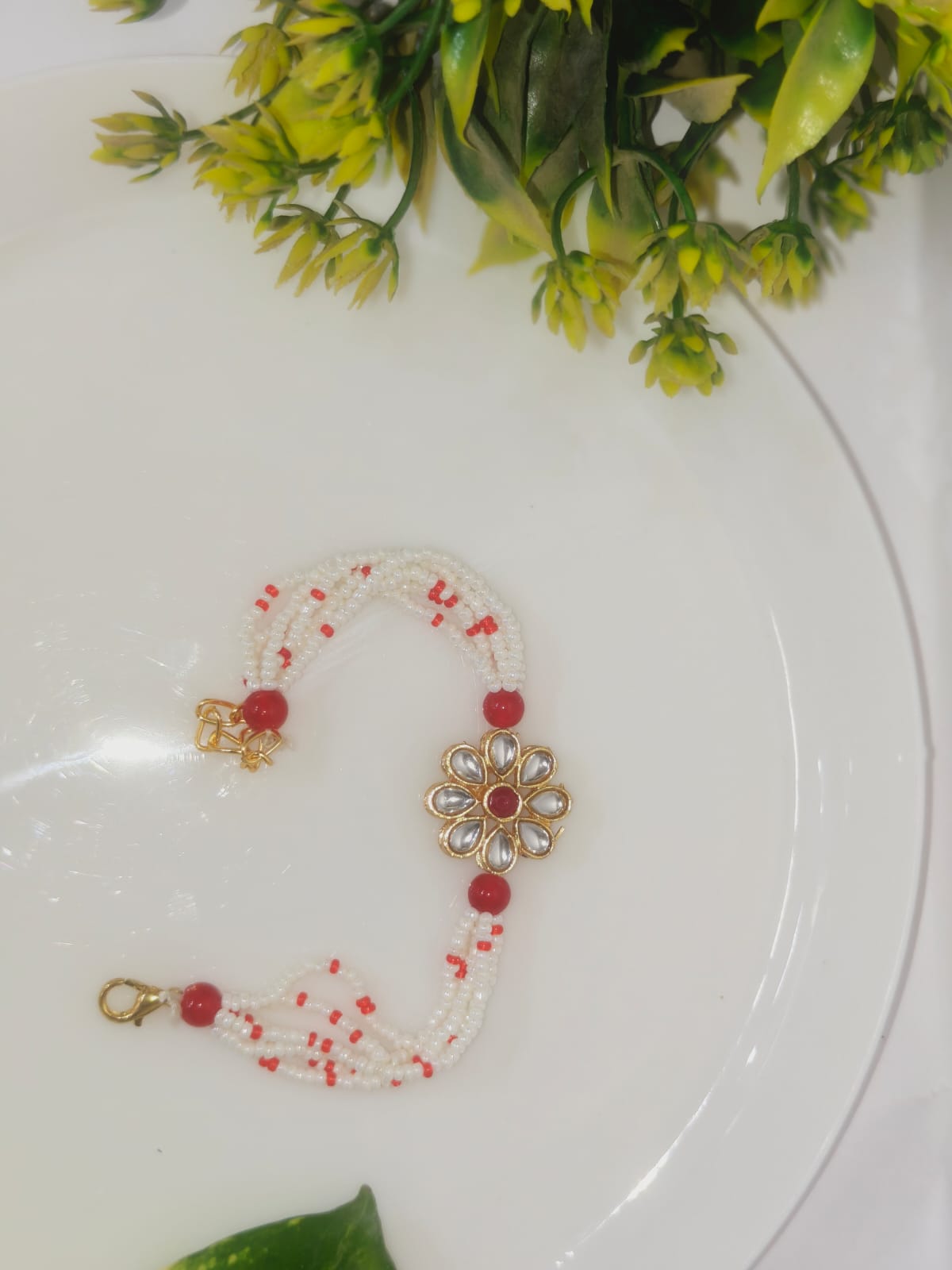 Red Kundan Flower Rakhi