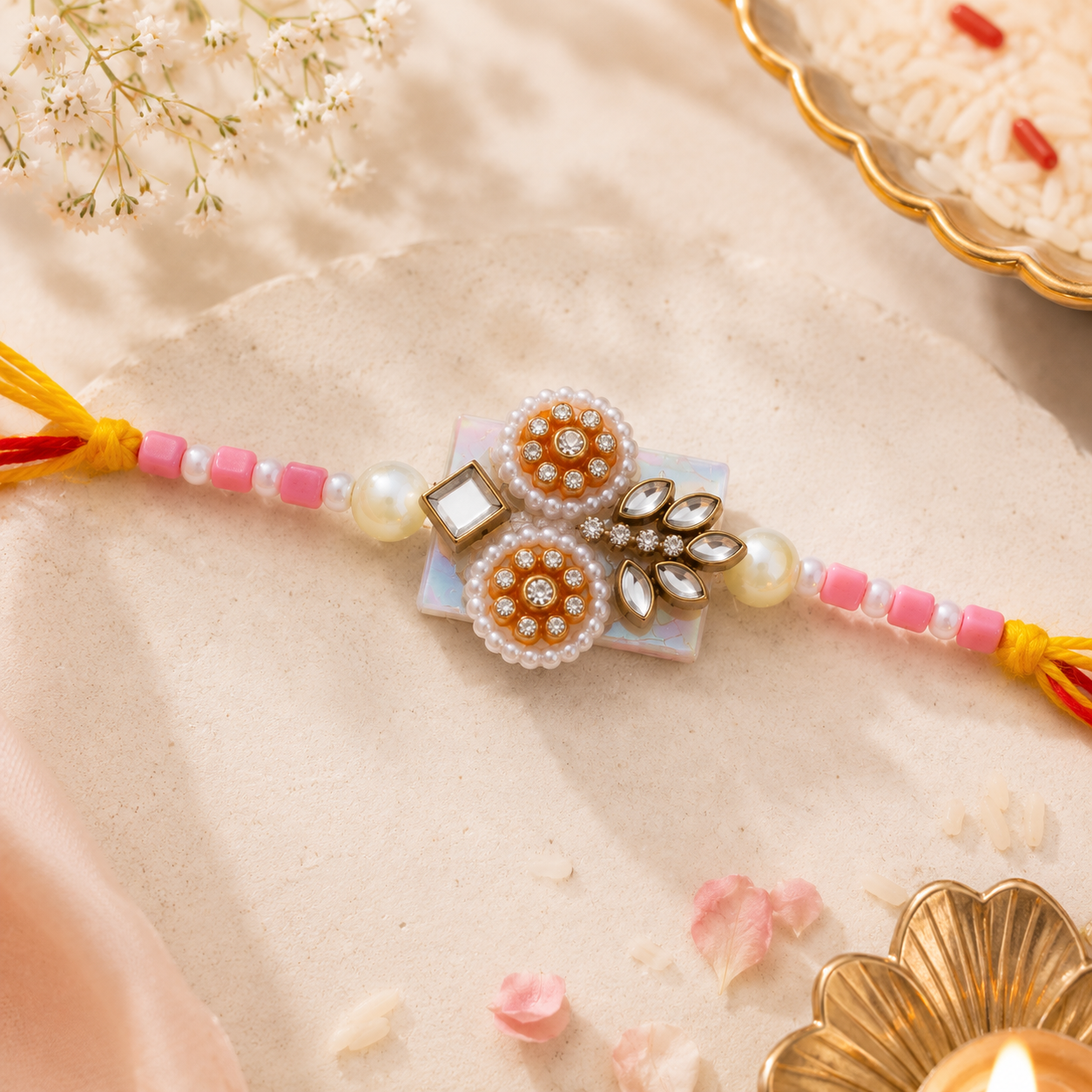 Yellow Pearl Gota Patti Double Disc Rakhi