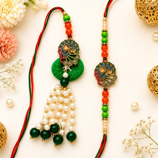 Tricolour Peacock Meenakari Bhaiya Bhabhi Rakhi Set