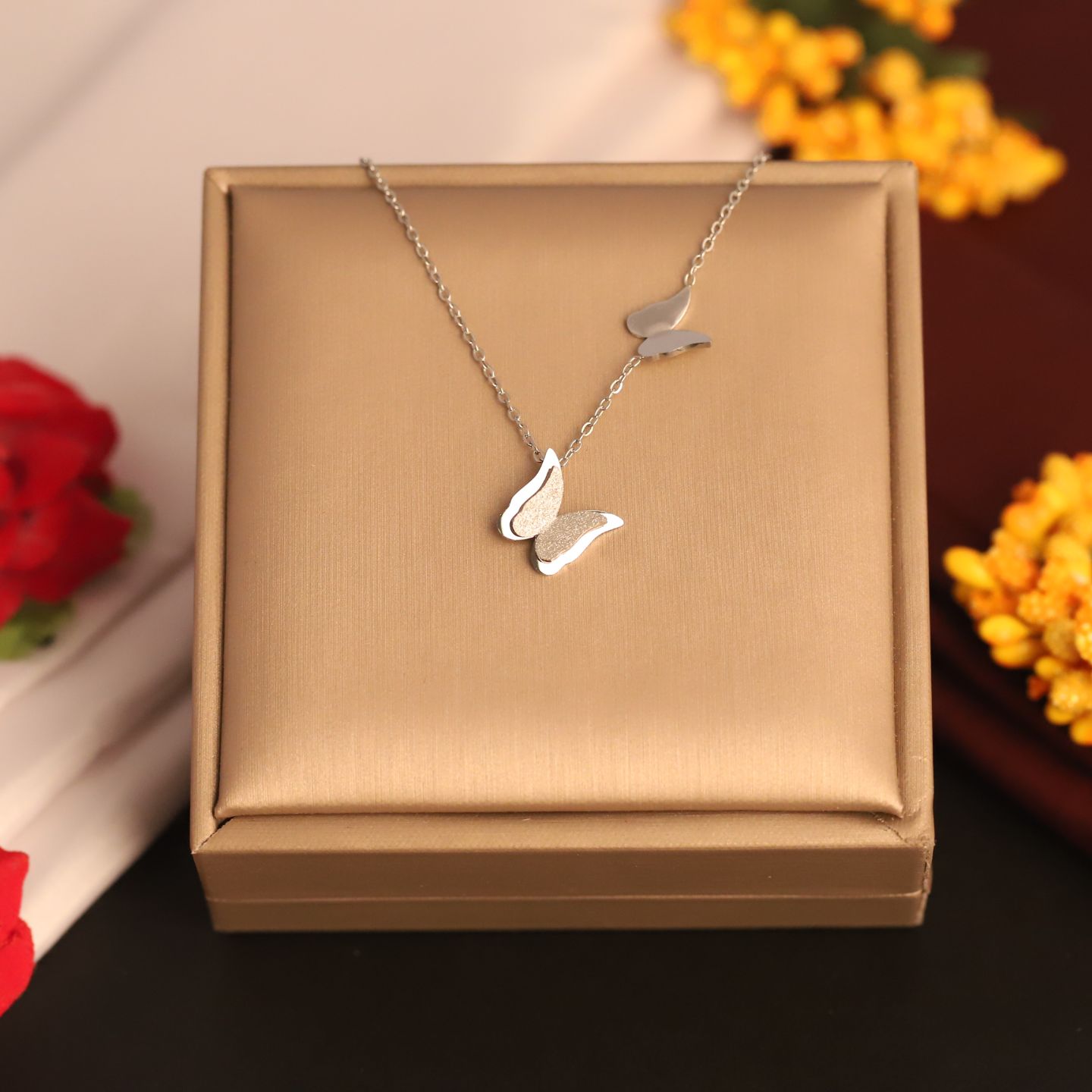 Anti Tarnish Double Butterfly Pendant Necklace